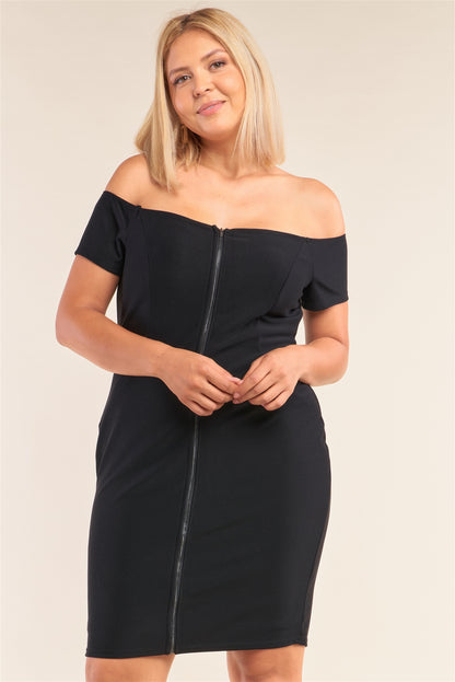 Plus Size Fitted Off-the-shoulder Front Zipper Bodycon Mini Dress – Stylish & Comfortable – men’s fashion, stylish and versatile