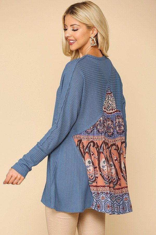 Waffle Knit And Woven Print Mixed Hi Low Flowy Tunic Top-Product Type | Naughty Smile Fashion