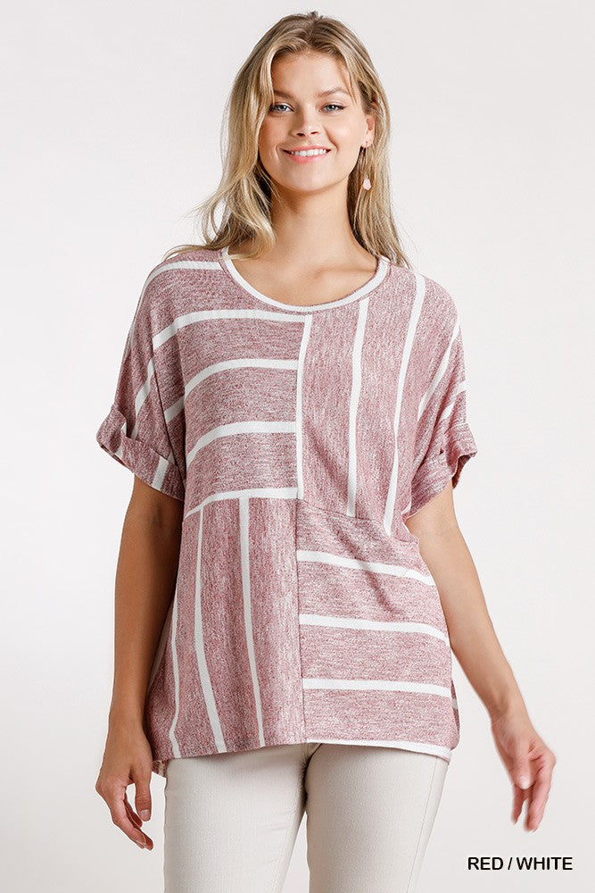 Sale - Horizontal And Vertical Striped Short Folded Sleeve Top With High Low Hem – On Sale Now