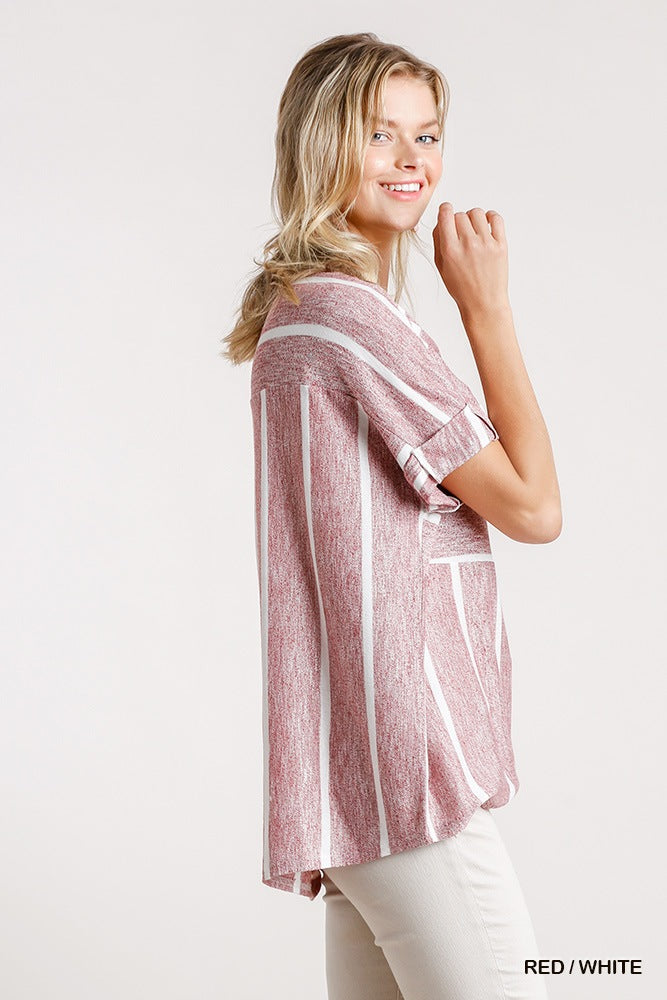 Horizontal And Vertical Striped Short Folded Sleeve Top With High Low Hem-Product Type | Naughty Smile Fashion