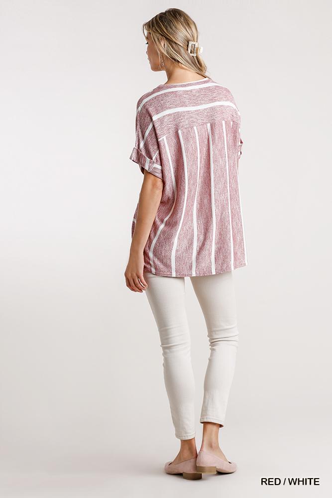 Horizontal And Vertical Striped Short Folded Sleeve Top With High Low Hem-Product Type | Naughty Smile Fashion