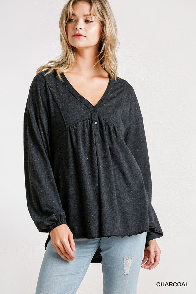 Sale - Confetti Detailed Long Puff Sleeve Babydoll Top With Button Front And Raw Hem – On Sale Now