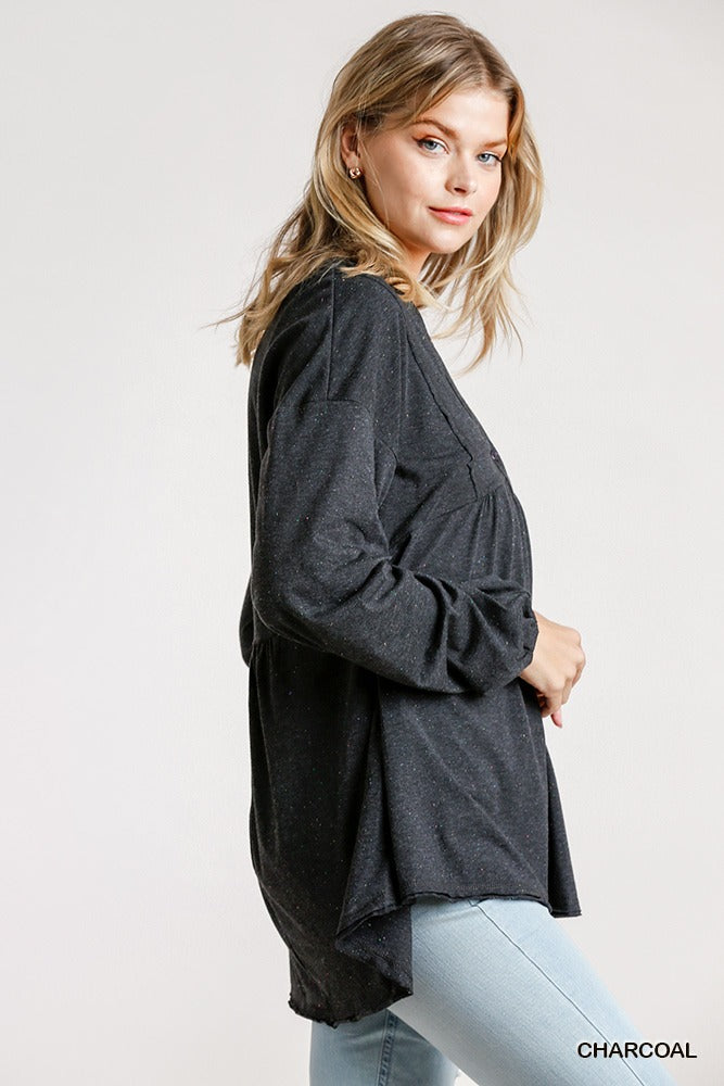 Confetti Detailed Long Puff Sleeve Babydoll Top With Button Front And Raw Hem-Product Type | Naughty Smile Fashion