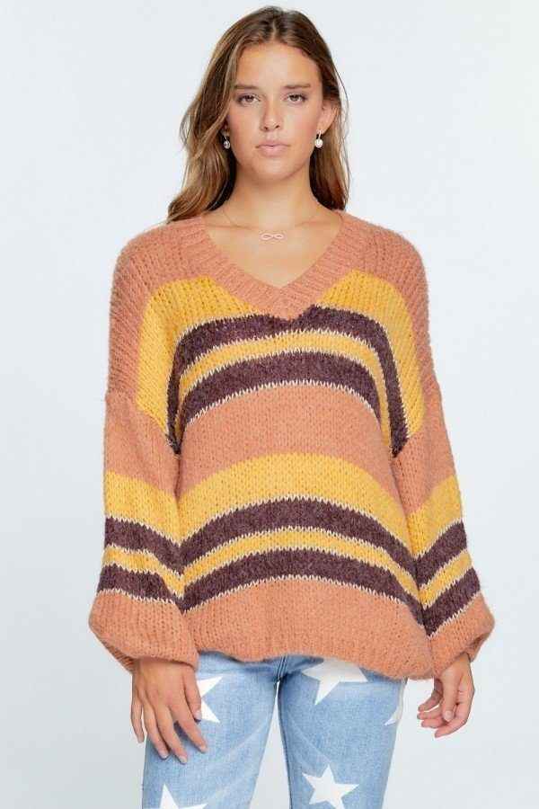 Sale - V-neck Cozy Thick Knit Stripe Pullover Sweater – On Sale Now