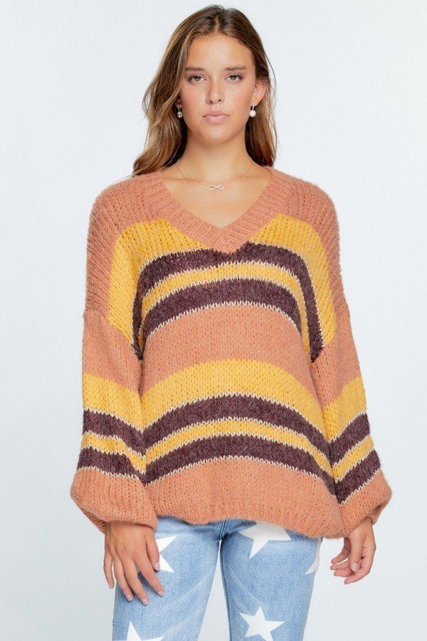 V-neck Cozy Thick Knit Stripe Pullover Sweater-Product Type | Naughty Smile Fashion