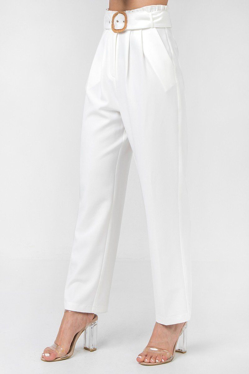 A Solid Pant Featuring Paperbag Waist With Rattan Buckle Belt-Product Type | Naughty Smile Fashion