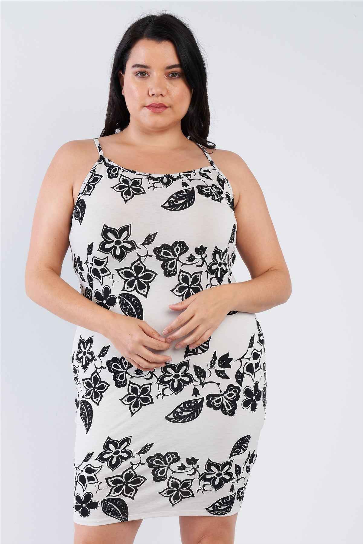 Plus Size Ivory Black Floral Basic Dress – Stylish & Comfortable – men’s fashion, stylish and versatile
