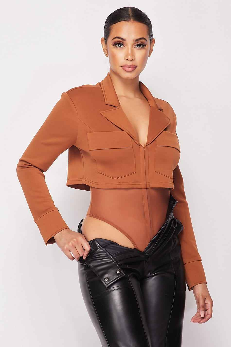 Sale - Deep-v Cropped Power Shoulder Blazer Bodysuit – On Sale Now