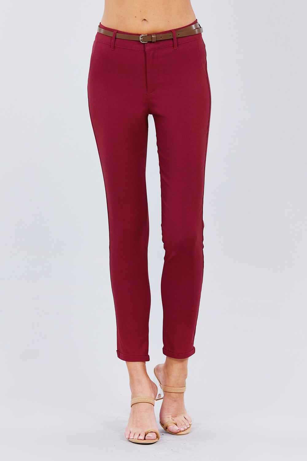 Belted Textured Long Pants – red, fashion, women style