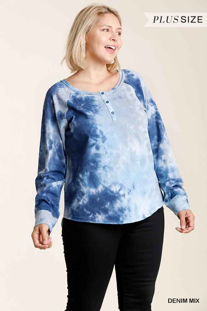 Plus Size Tie-dye Button Front Long Raglan Sleeve Top With Raw Hem – Stylish & Comfortable – men’s fashion, stylish and versatile