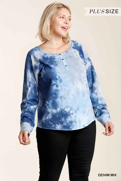 Plus Size Tie-dye Button Front Long Raglan Sleeve Top With Raw Hem – Stylish & Comfortable – men’s fashion, stylish and versatile