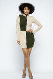 Rib Color Block Mock Neck Long Sleeve High-waist Mini Skirt With Front Zipper