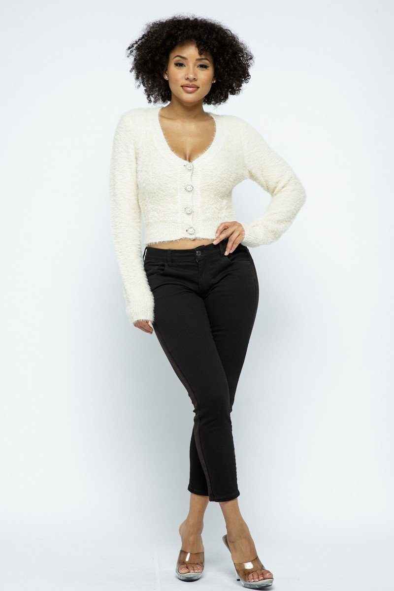 Sale - Eyelash Knit Cropped Cardigan With Pearl Button Details – On Sale Now