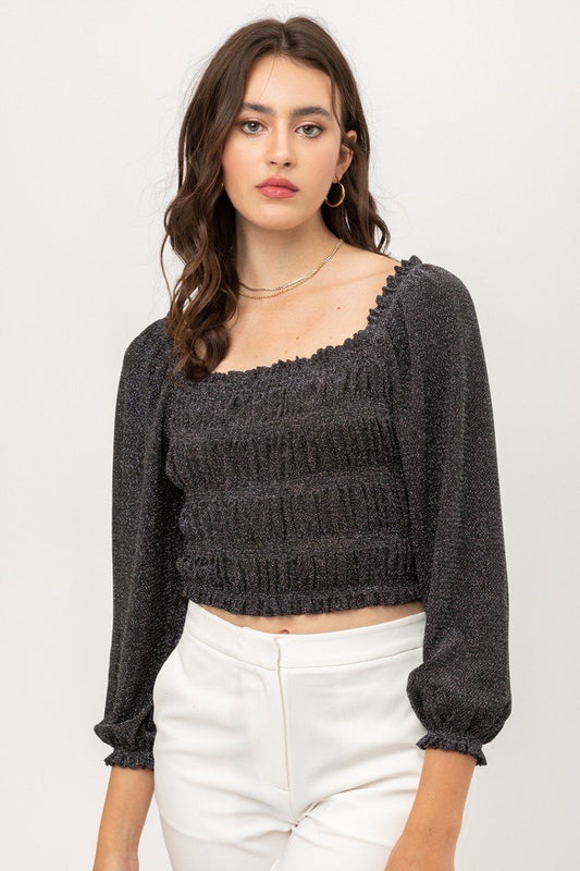Sale - Metallic Fabric With Crop Smocked Top And Square Neck – On Sale Now