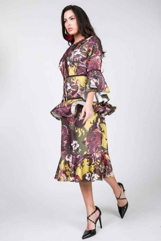 Sale - Cascade Ruffle Sleeve Frill Tiered Bottom Print Midi Dress – On Sale Now