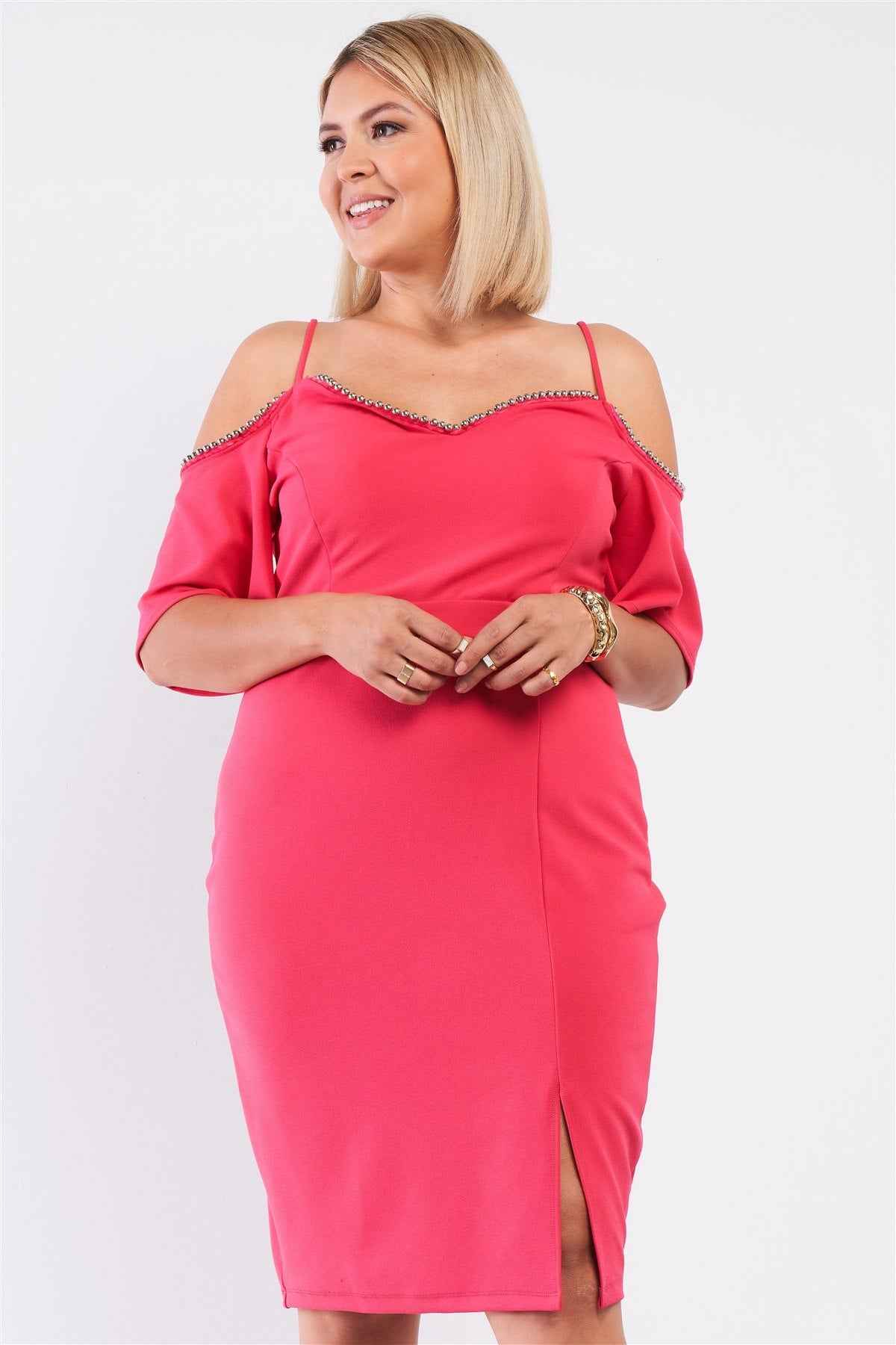 Plus Size Plus Coral Pink Off-the-shoulder Silver Ball Beaded Hem Mini Dress – Stylish & Comfortable – men’s fashion, stylish and versatile