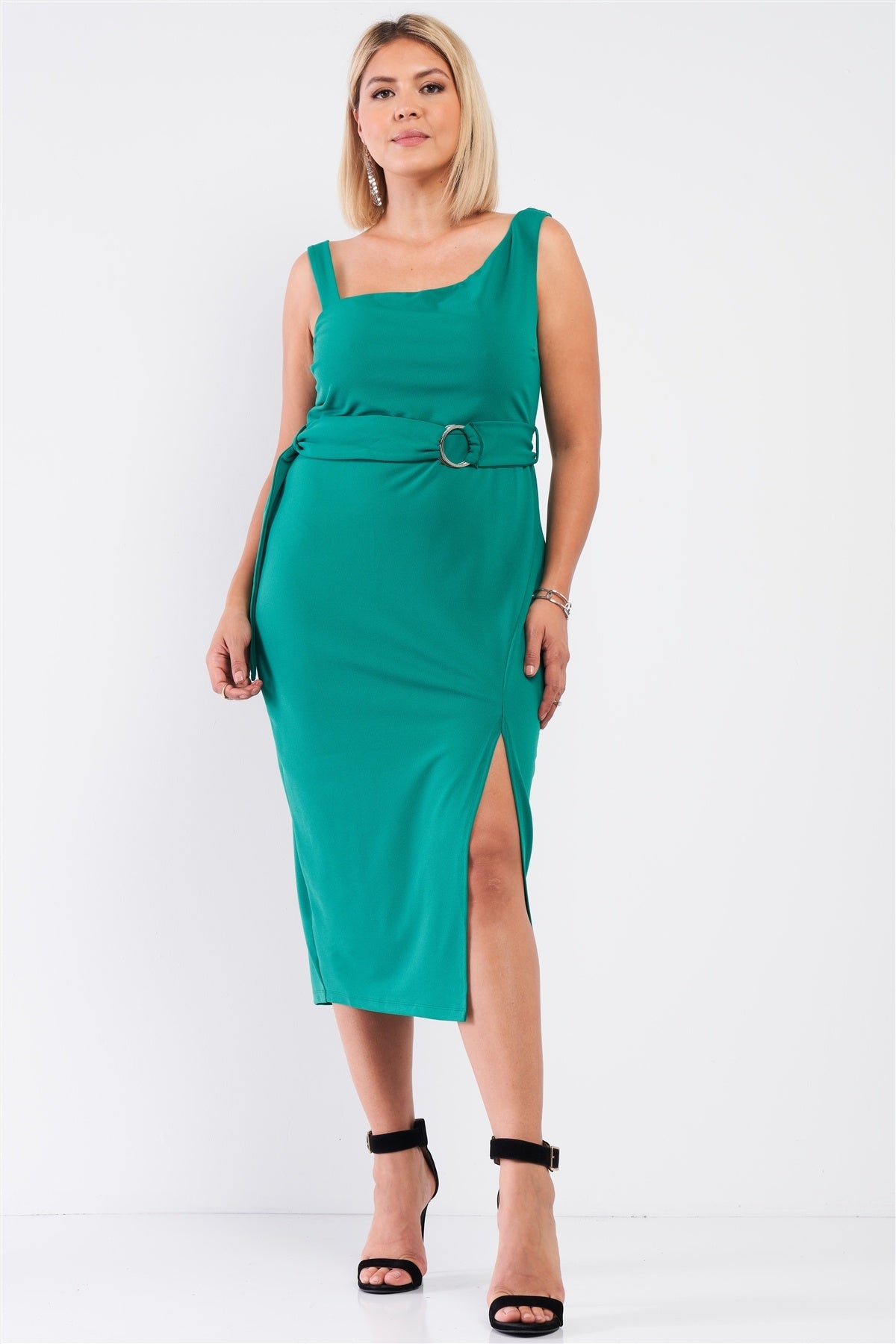 Plus Size Plus Sleeveless Asymmetrical Shoulder Front Slit Detail Belted Dress – Stylish & Comfortable – men’s fashion, stylish and versatile
