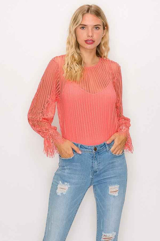 Sale - Lace Trim Shadow Stripe Bodysuit – On Sale Now