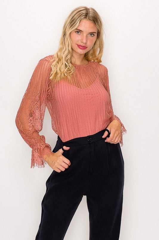 Sale - Lace Trim Shadow Stripe Bodysuit – On Sale Now