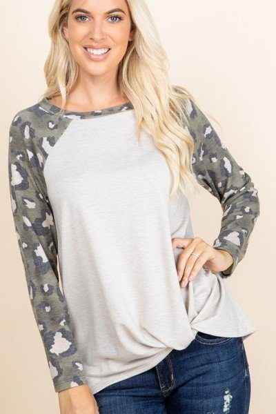 Sale - Casual French Terry Side Twist Top With Animal Print Long Sleeves – On Sale Now