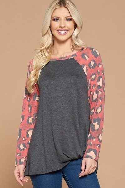 Sale - Casual French Terry Side Twist Top With Animal Print Long Sleeves – On Sale Now