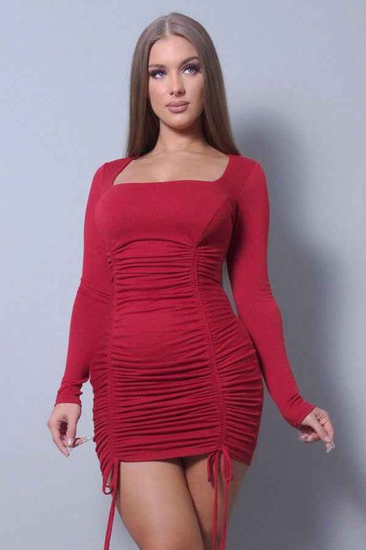 Sale - Sexy & Chic Long Sleeve Square Neck Ruching Tie Basic Dress – On Sale Now