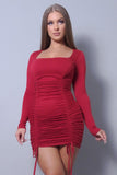 & Chic Long Sleeve Square Neck Ruching Tie Basic Dress