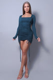 & Chic Long Sleeve Square Neck Ruching Tie Basic Dress