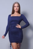 & Chic Long Sleeve Square Neck Ruching Tie Basic Dress