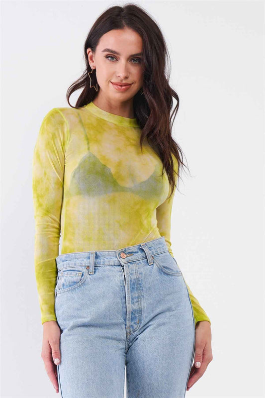 Sale - Neon Green Sexy Sheer Mesh Long Sleeve Mock Neck Bodysuit – On Sale Now