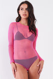 Fine Fishnet Sheer Mesh Crew Neck Long Sleeve Bodysuit