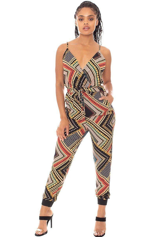 Boarder Print Wrap Drawstring Waist Jumpsuit – black, fashion, women style