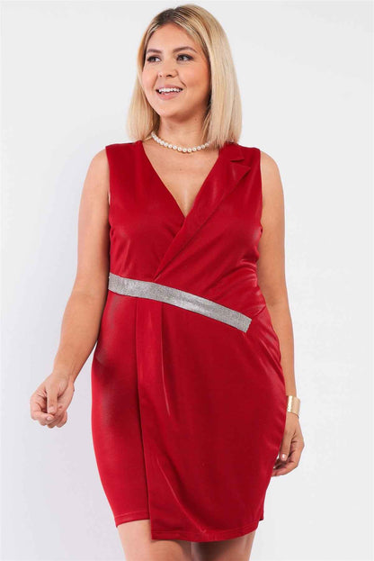 Plus Size Sleeveless V-neck Asymmetrical Wrap Rhinestones Detail Fitted Mini Blazer Dress – Stylish & Comfortable – men’s fashion, stylish and versatile
