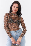 Taupe Brown Jaguar Print Sheer Mesh Mock Neck Long Sleeve Bodysuit