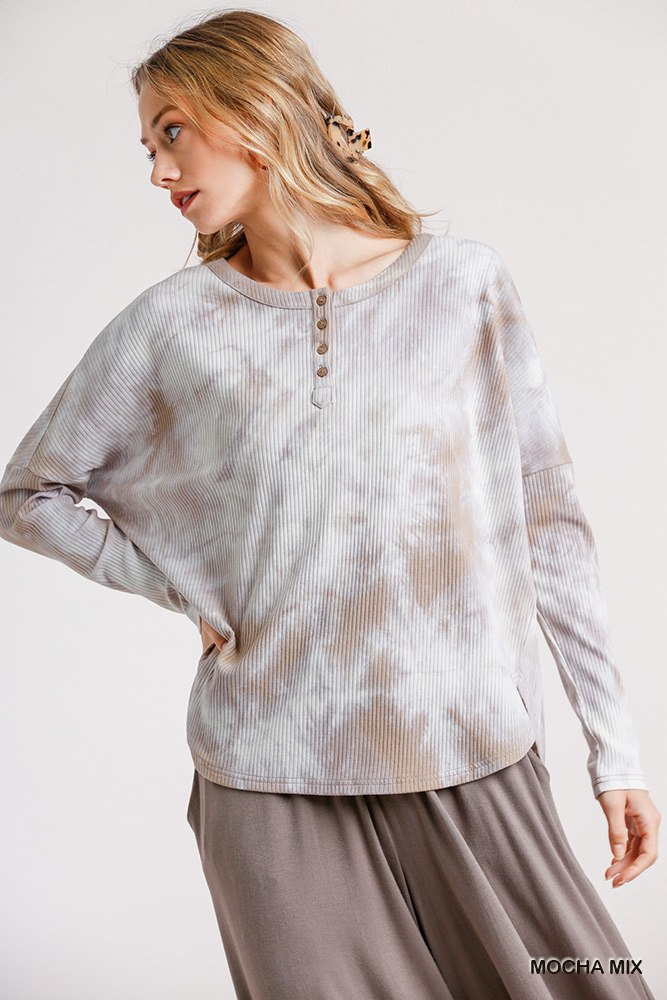 Tie Dye Round Neck Ribbed Button Front Top With Round Hem-Product Type | Naughty Smile Fashion