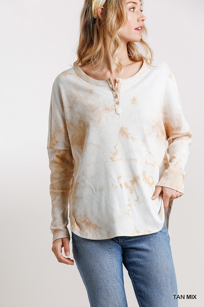Tie Dye Round Neck Ribbed Button Front Top With Round Hem-Product Type | Naughty Smile Fashion