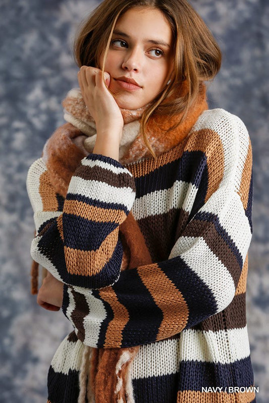 Sale - Multicolored Stripe Round Neck Long Sleeve Knit Sweater – On Sale Now