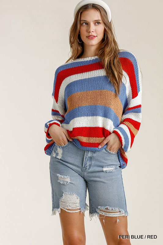 Sale - Multicolored Stripe Round Neck Long Sleeve Knit Sweater – On Sale Now