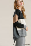 Colorblock Contrasted Cotton Fabric On Back Top With Side Slits And High Low Hem