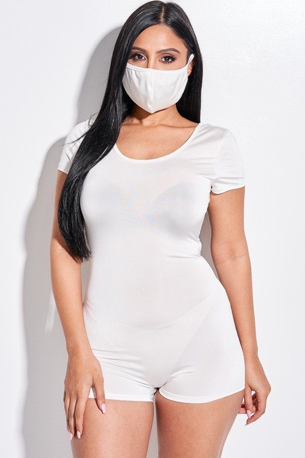 Solid Short Sleeve Scoop Neck Romper And Face Mask 2 Piece Set – white, fashion, women style