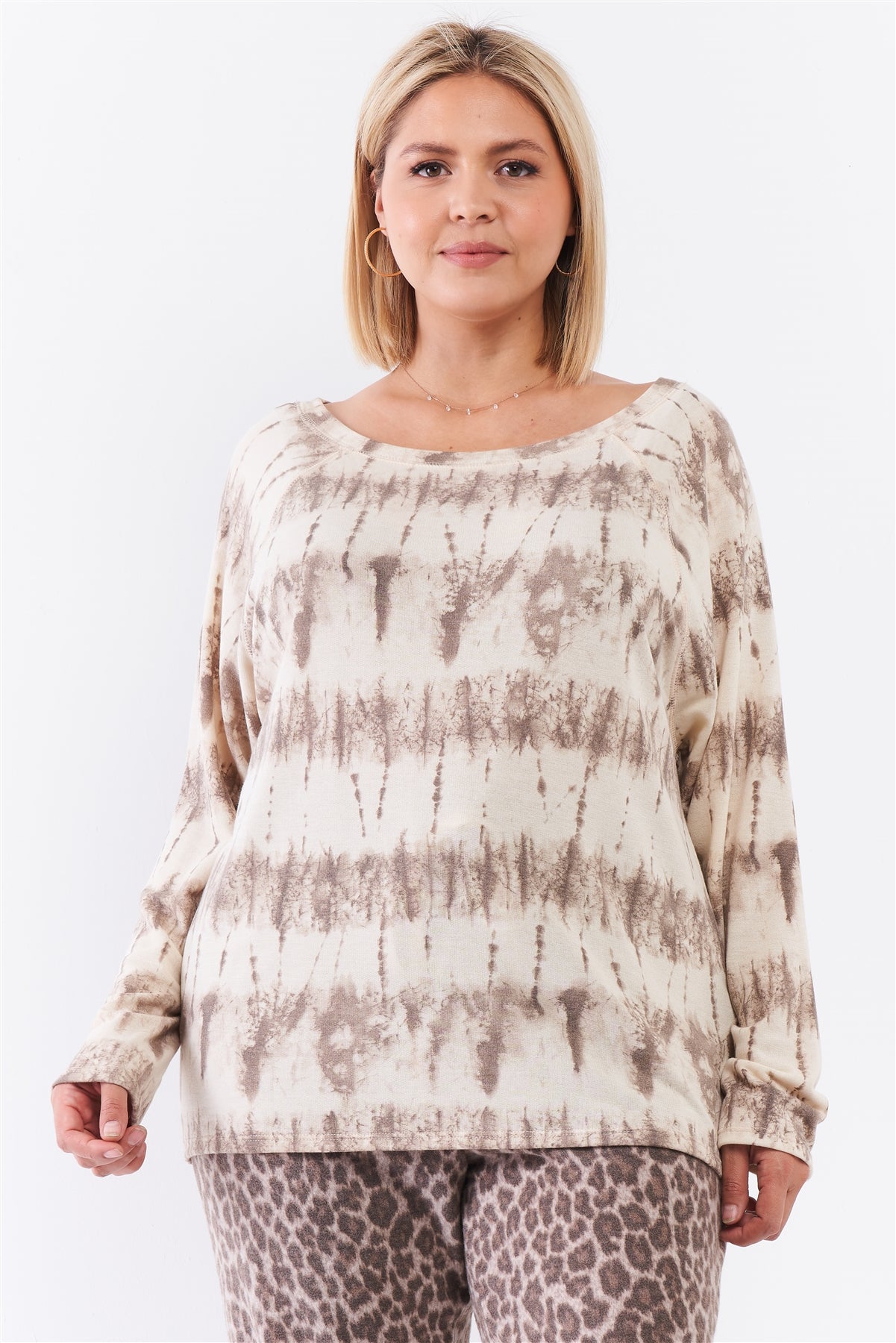 Plus Size Plus Ivory Acid Wash Print Bateau Neck Relaxed Fit Long Sleeve Top – Stylish & Comfortable – men’s fashion, stylish and versatile