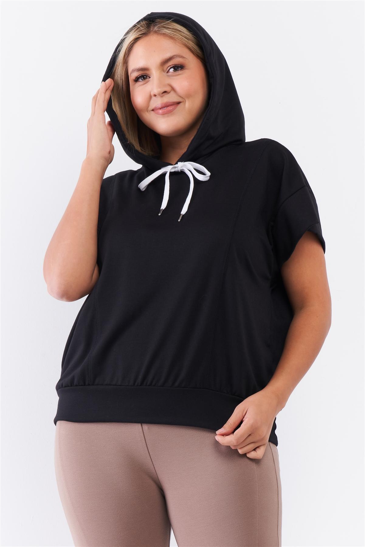 Plus Size Black Short Wing Sleeve Relaxed Fit White Draw String Tie Hood Detail Top – Stylish & Comfortable – men’s fashion, stylish and versatile