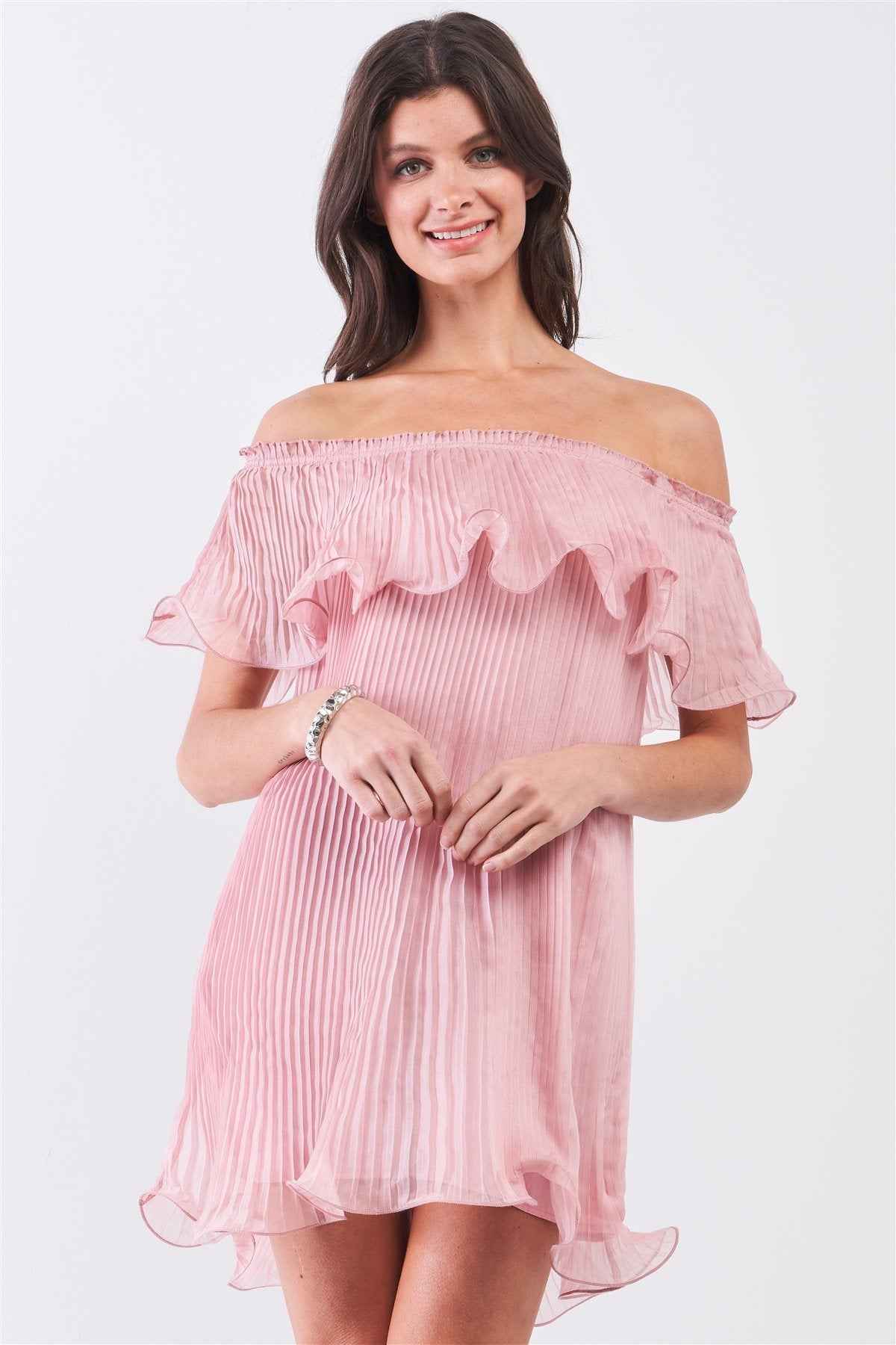 Sale - Pink Pleated Off-the-shoulder Double Layered Frill Trim Mini Dress – On Sale Now