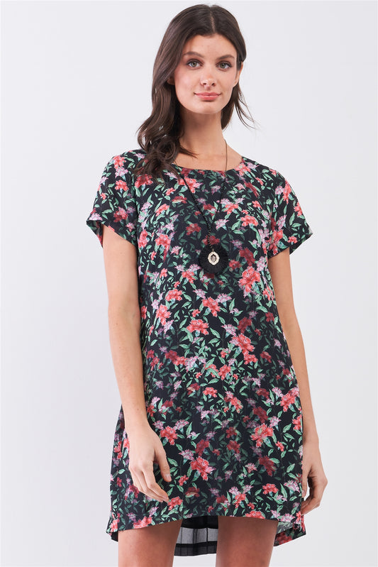 Sale - Black Multicolor Floral Print Pleated Back Detail Relaxed Mini Dress – On Sale Now