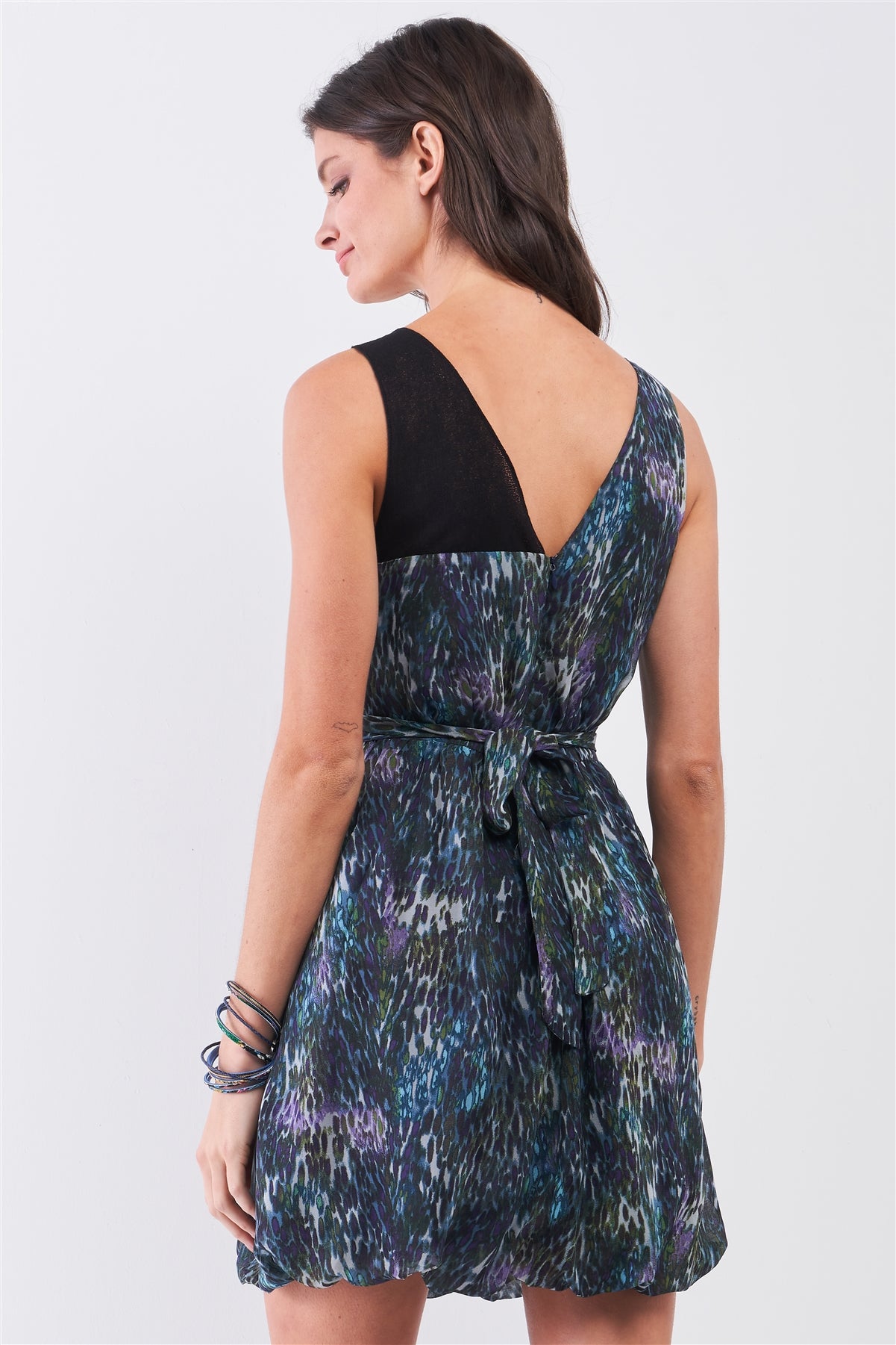 Navy Blue Sleeveless Mesh V-neck Self-tie Waist Stitched Together Bottom Mini Dress-Product Type | Naughty Smile Fashion