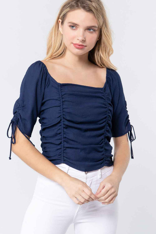 Sale - Elbow Slv Smocked Ruched Woven Top – On Sale Now