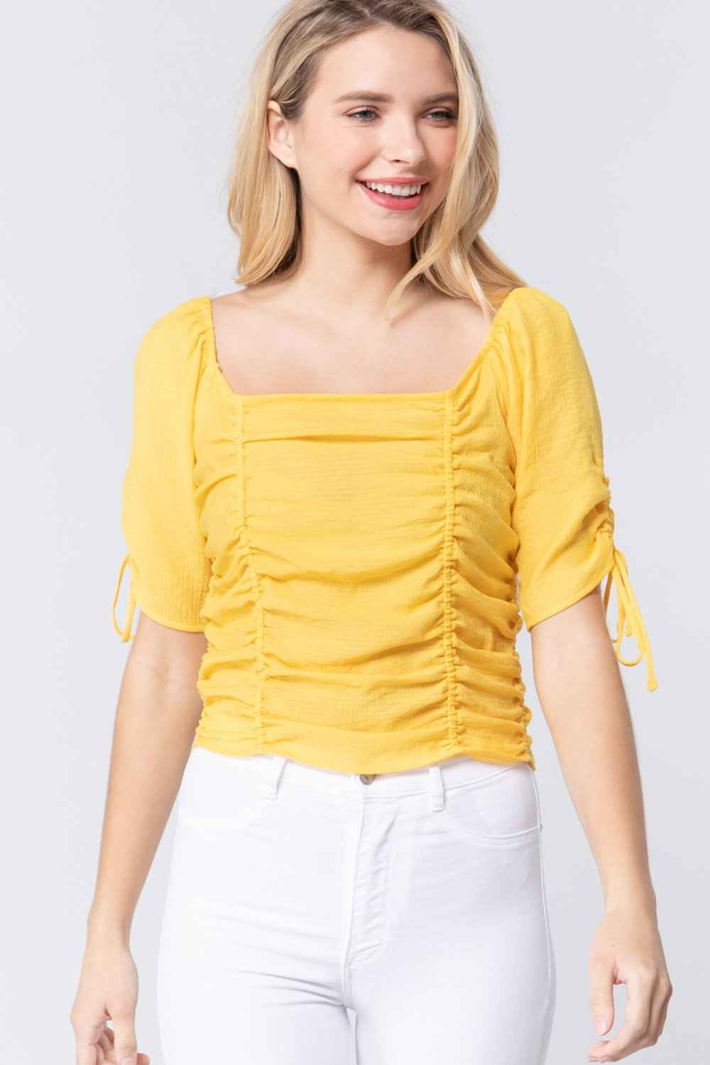 Sale - Elbow Slv Smocked Ruched Woven Top – On Sale Now
