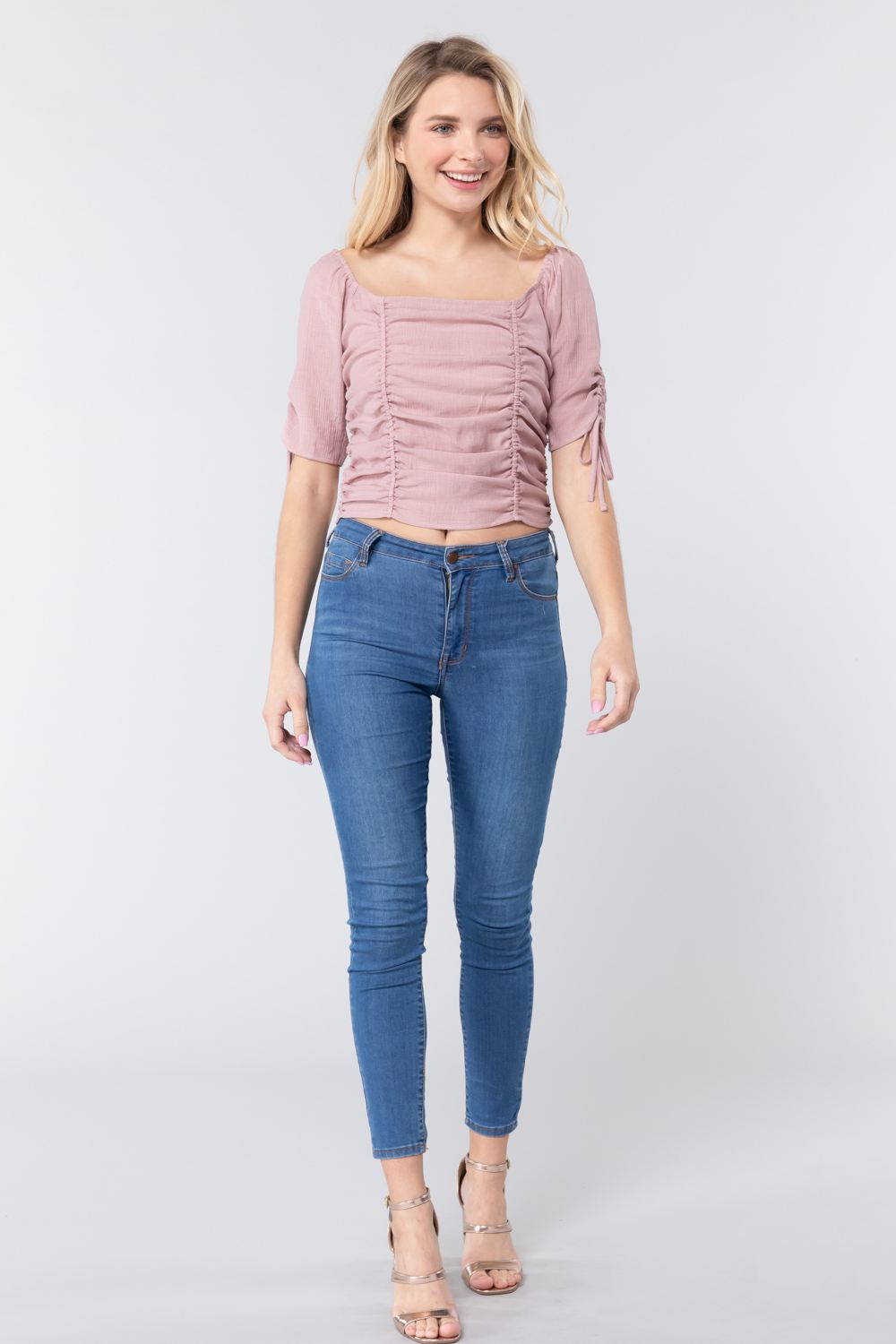 Elbow Slv Smocked Ruched Woven Top-Product Type | Naughty Smile Fashion