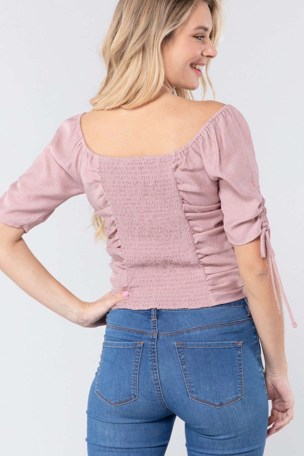 Elbow Slv Smocked Ruched Woven Top-Product Type | Naughty Smile Fashion