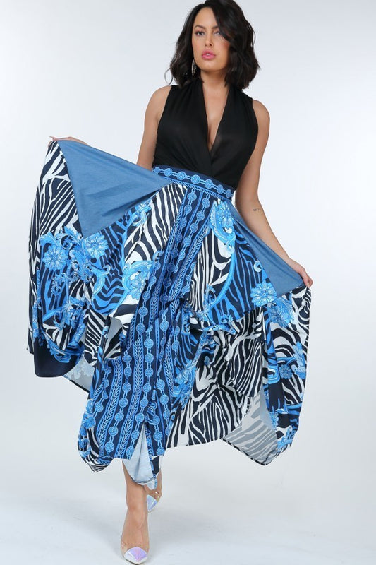 Sale - Animal Chain Print Denim Tacked Maxi Skirt In Black Gold – On Sale Now